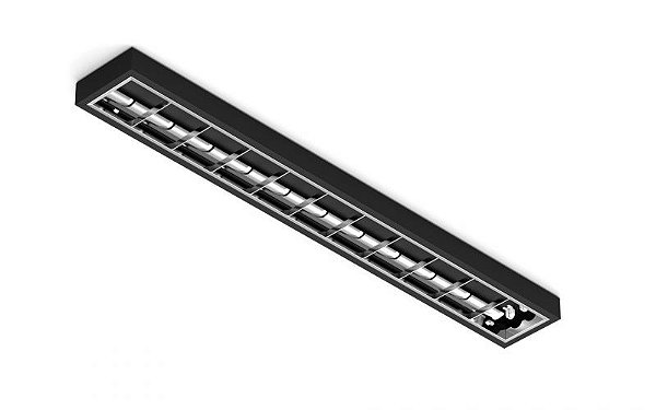 Luminária de sobrepor preta alto rendimento com aletas parabólicas duplas para 2 lâmpadas 18/20W 120cm.