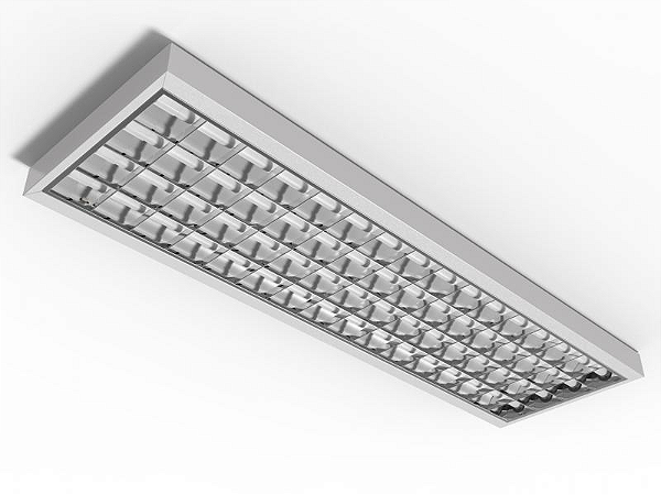 Luminária de sobrepor alto rendimento com aletas parabólicas duplas para 3 lâmpadas 18/20W 120cm.