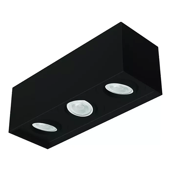 Spot de Sobrepor Sura Face Recuada Retangular Triplo PAR20 14x37,3x12,8cm Alumínio Preto Fosco.