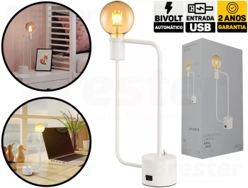 Luminária de mesa Aramis com entrada USB 40X21cm aço branco fosco.