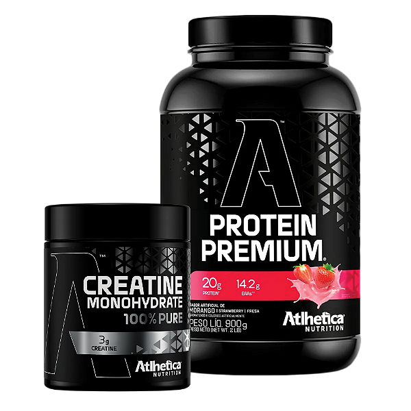 KIT Whey Protrein Premium Morango 900g + Creatina 300g