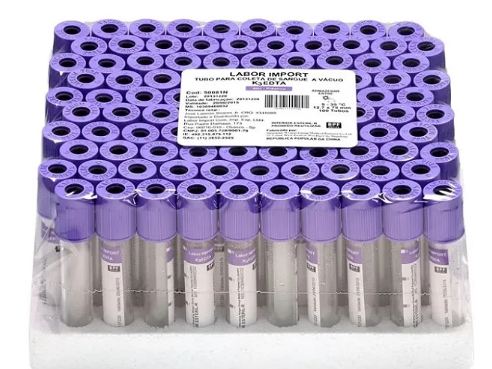 TUBO PARA COLETA DE SANGUE ROXO A VACUO EDTA K3 4ML PLAST C/100 UNIDADES – LABOR IMPORT