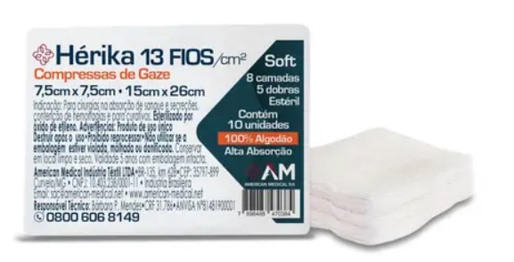 COMPRESSA DE GAZE ESTÉRIL 7,5CM x 7,5CM 13 FIOS C/10 UNIDADES - Hérika