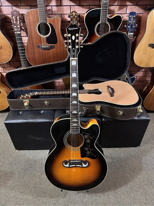 Violão Epiphone ej200ce sunburst jumbo elétrico regulado cordas novas
