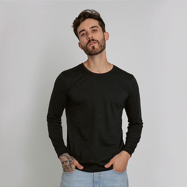 Camiseta Básica Manga Longa Algodão Adulto Unissex Preto