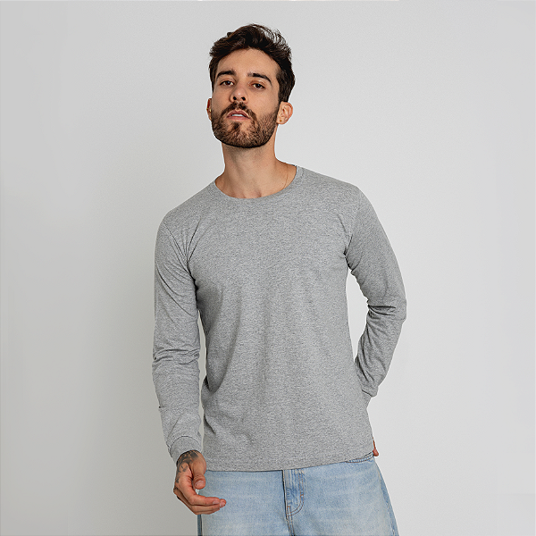 Camiseta Básica Manga Longa Algodão Adulto Unissex Cinza Mescla