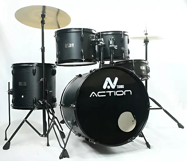 Bateria Acústica Turbo Action Preta Completa - C/ Banco E Prato