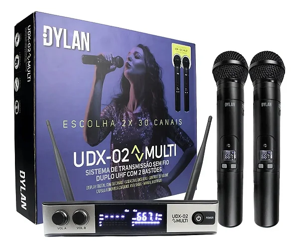 Microfone Sem Fio Duplo Dylan Udx02 Multi Dinâmico Cardioide Preto