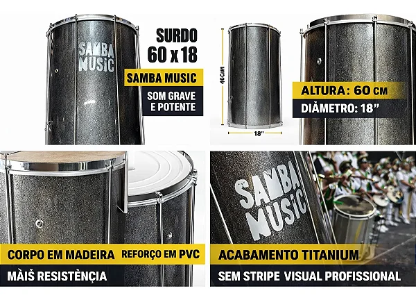 Surdo Phx Madeira Samba Music 60x18 Pvc Titanium