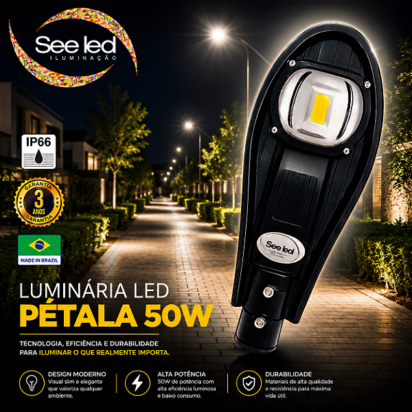 Luminária LED Pétala para Poste 50w | Bivolt | IP66 | 5.000Lm | Branco Frio 6.500k