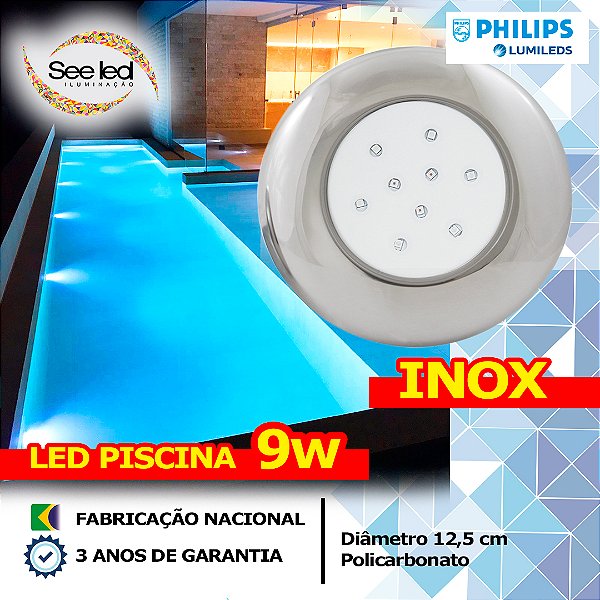 Luminária LED Piscina 9w | 12,5cm | 12v | INOX | IP68 À prova D'água