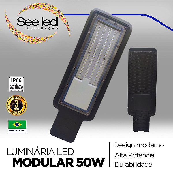 Luminária LED Pública Modular para Poste 50w | Bivolt | IP66 | 5.000 Lúmens | 6.500k | Para Rua ou Condomínio