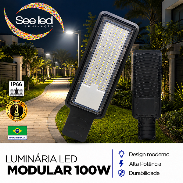 Luminária LED Pública Modular para Poste 100w | Bivolt | IP66 | 10.000 Lúmens | 6.500k | Para Rua ou Condomínio