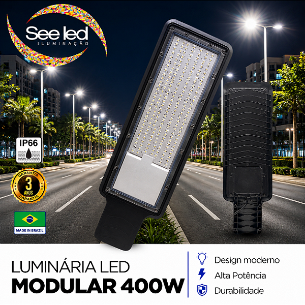 Luminária LED Pública Modular para Poste 400w | Bivolt | IP66 | 40.000 Lúmens | 6.500k | Para Rua ou Condomínio