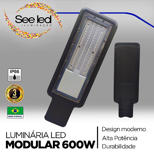 Luminária LED Pública Modular para Poste 600w | Bivolt | IP66 | 60.000 Lúmens | 6.500k | Para Rua ou Condomínio