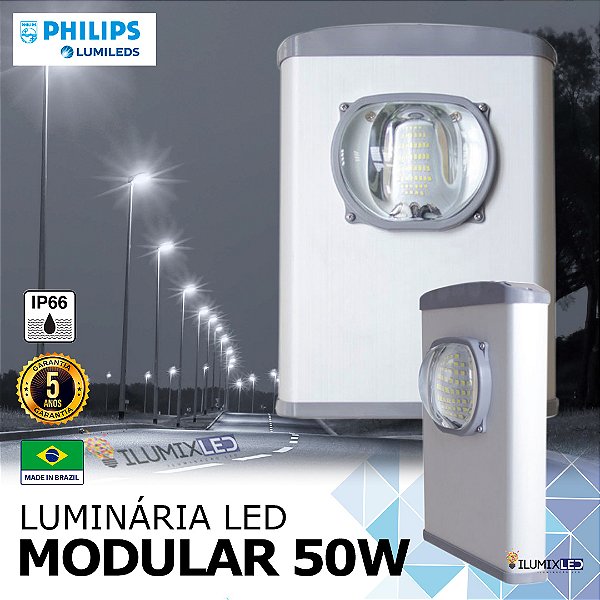 Luminária LED Pública Modular para Poste 50w | Bivolt | IP66 | 7.000 Lúmens | LED PHILIPS | Para Vias ou Condomínio