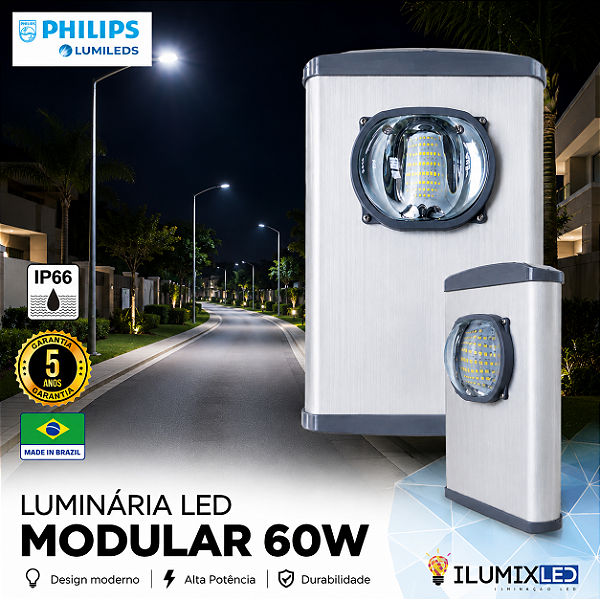 Luminária LED Pública Modular para Poste 60w | Bivolt | IP66 | 8.400 Lúmens | LED PHILIPS | Para Vias ou Condomínio