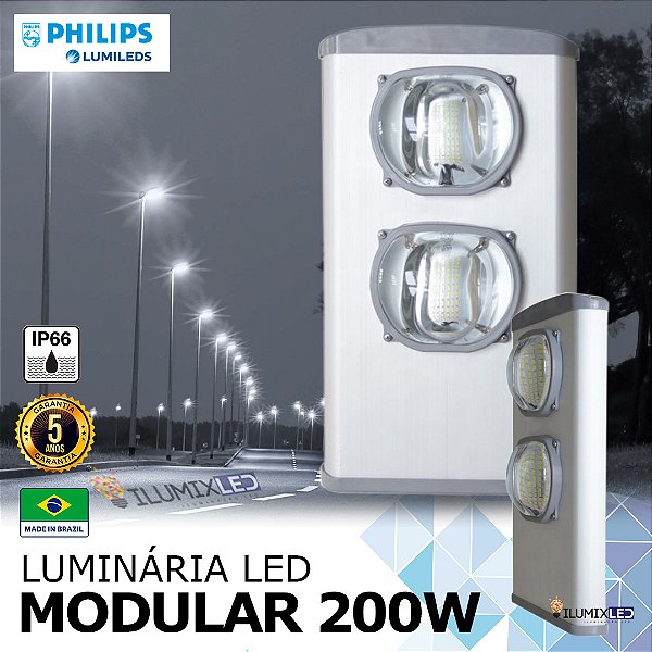 Luminária LED Pública Modular para Poste 200w | Bivolt | IP66 | 28.000 Lúmens | LED PHILIPS | Para Vias ou Condomínio