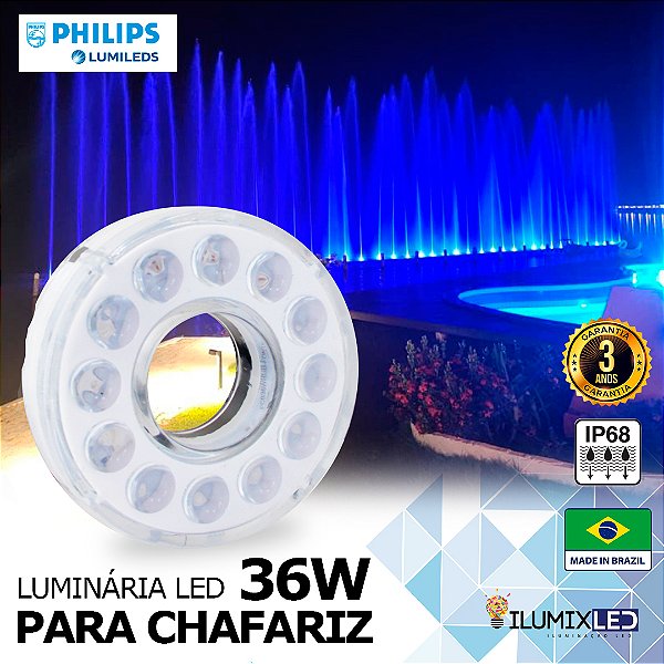 LUMINÁRIA LED PARA CHAFARIZ OU FONTE 36w | ENCAIXE ATÉ 38MM NO CANO | IP68 À prova d'água | LED CHIP PHILIPS