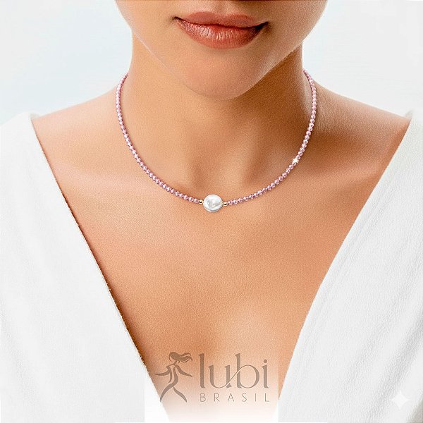 Colar Lubi Choker Madrepérola Quartzo Rosa