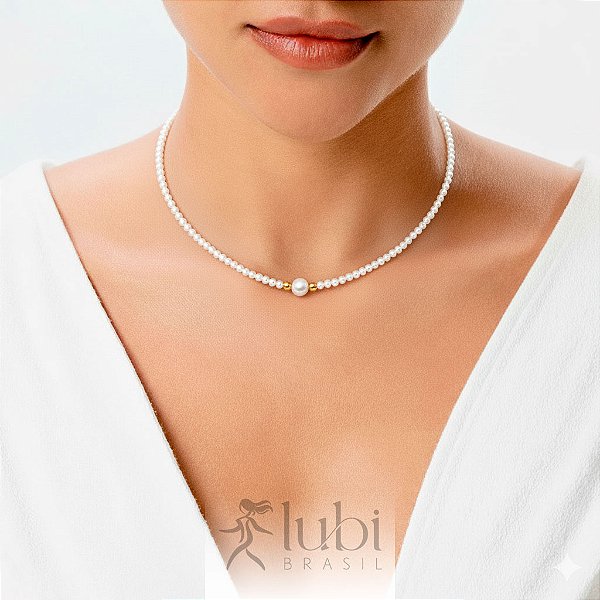 Colar Lubi Choker Pérola Ágata Branca
