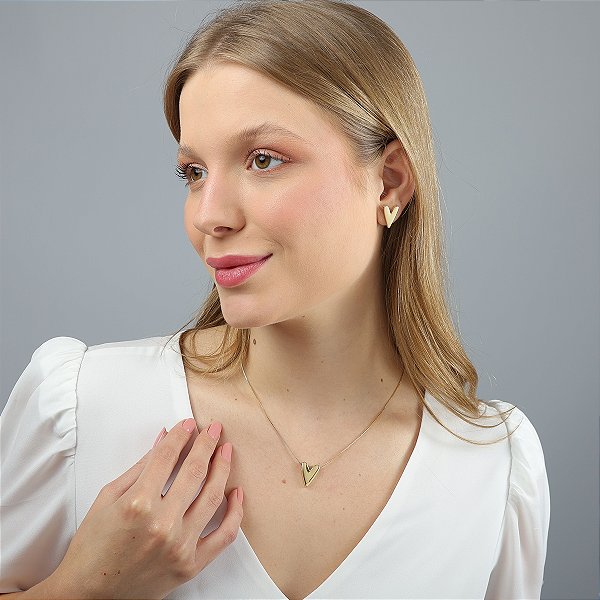 Conjunto Correntinha E Brinco Feminino Coração Liso Ouro 18k