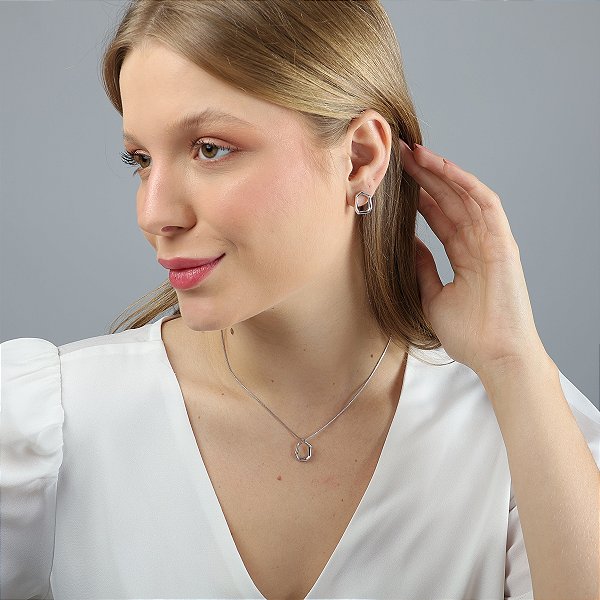 Correntinha E Brinco Oval Vazado Banhado Em Ródio Branco