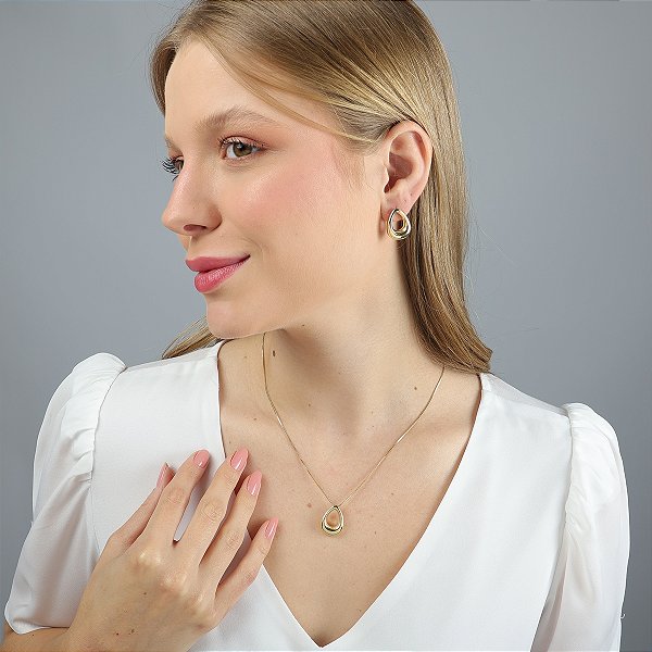 Conjunto Brinco Gota Vazada E Correntinha Banhado Ouro 18k
