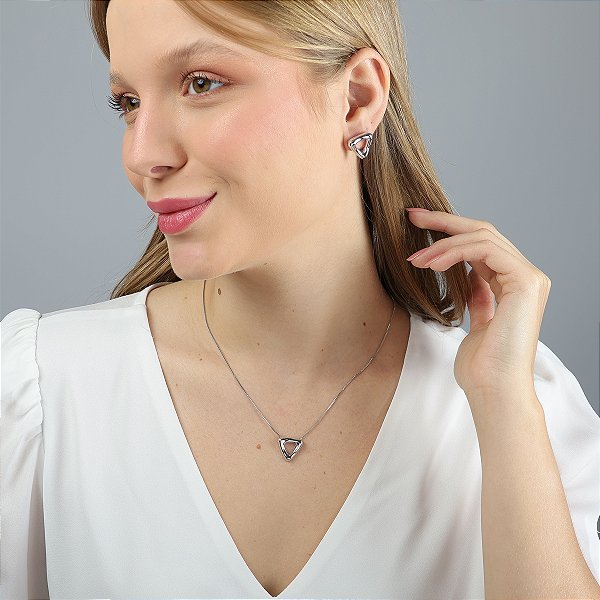 Conjunto Colar E Brinco Triangulo Vazado Em Ródio Branco