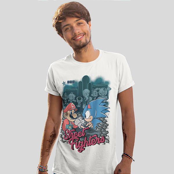 Camiseta Masculina Branca de Algodão Estampada Super Mário Sonic