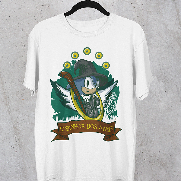 Camiseta Masculina Branca de Algodão Estampada Sonic Senhor dos Anéis