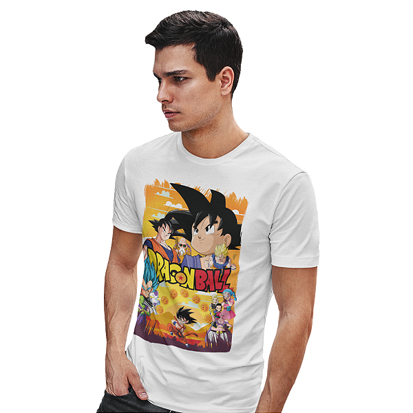 Camiseta Masculina Branca de Algodão Estampada Dragon Ball Z