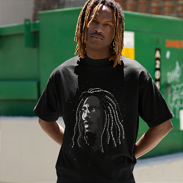 Camiseta Masculina Preta de Algodão Estampada Bob Marley