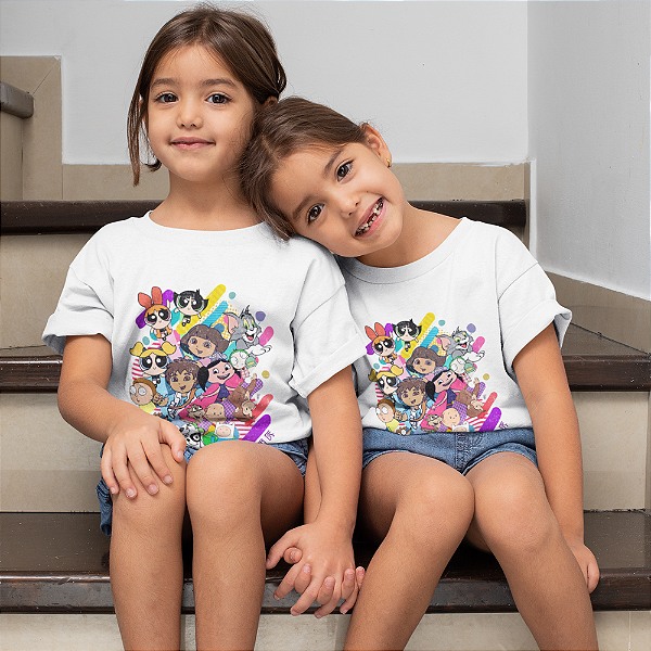 Camiseta Infantil Menina Branca de Algodão com Estampa Personagens Super poderosas