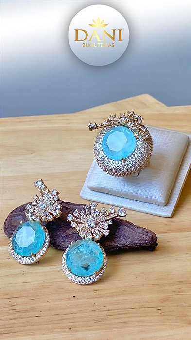 CONJUNTO ANEL E BRINCO SEMI JÓIA AZUL