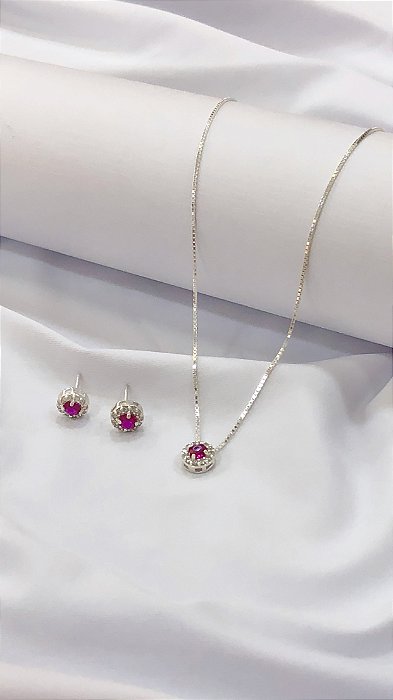 CONJUNTO DE PRATA 925-ROSA ESCURO