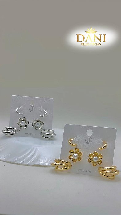 Kit de Brincos Elegância Floral  - Dourado/Prata