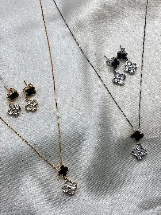 Conjunto colar e brinco - trevo