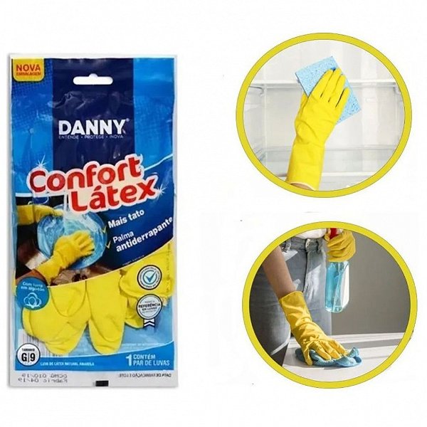 Luva de Limpeza Confort Látex Amarela Danny Kit com 6 pacotes com par de luvas cada Todos Tamanhos