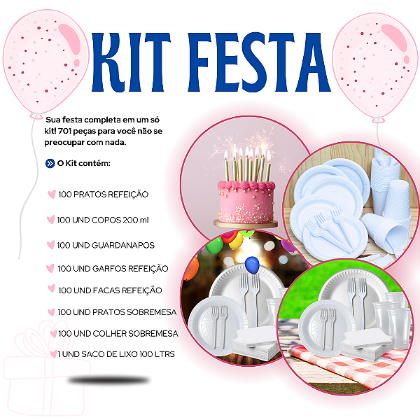 Kit  Para Refeição Descartáveis + Sobremesa 701 Peças Pratos Garfos Facas Colher Guardanapos Copos