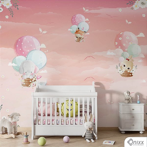 Painel Adesivo Balões nas Nuvens Rosa