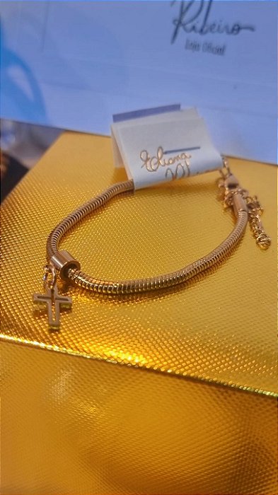 Pulseira dourado com cruz aço Inoxidável
