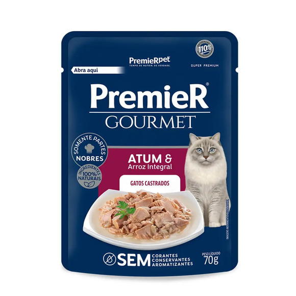 Ração Úmida Premier Gourmet Gatos Castrados Atum e Arroz Integral 70 g