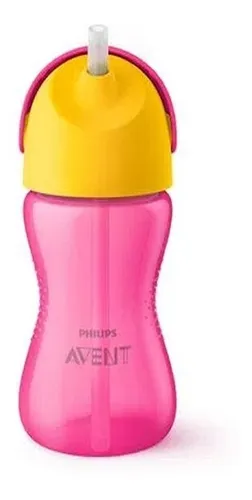 Copo Avent Dinossauro c/Canudo Curvado 300ml Rosa/Amarelo  SCF798-02