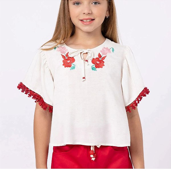 Blusa Bata em Linho Meninas com Bordado Elegância Natural Tam10