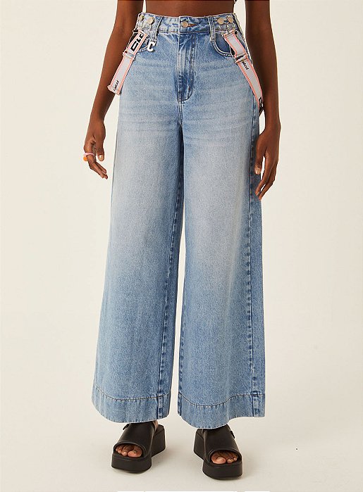 Calça Pantalona Jeans Menina Colcci Tam 14 com Alças – Look Moderno