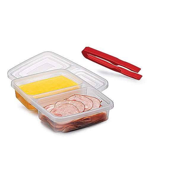 Pote Recepiente Porta Frios Com Pinça de Plástico 2 Em 1 Queijo Presunto Salame com Tampa e Divisória