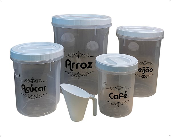 Conjunto 04 Potes Mantimentos / Alimentos de Cozinha Com Rosca E Medidor Branco