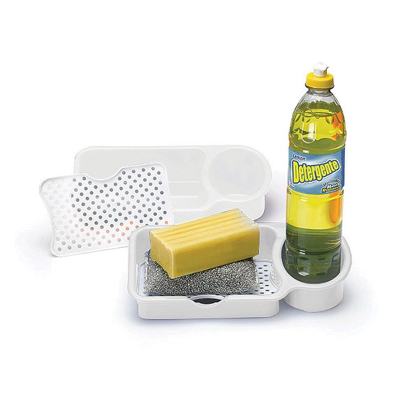 Porta Detergente e Esponja Com Telinha de Pia Branco Plástico 23cm