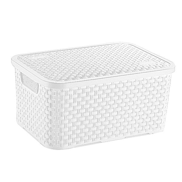 Cesto Organizador Rattan Multiuso Médio Com Tampa Branco de Plástico 8 Litros